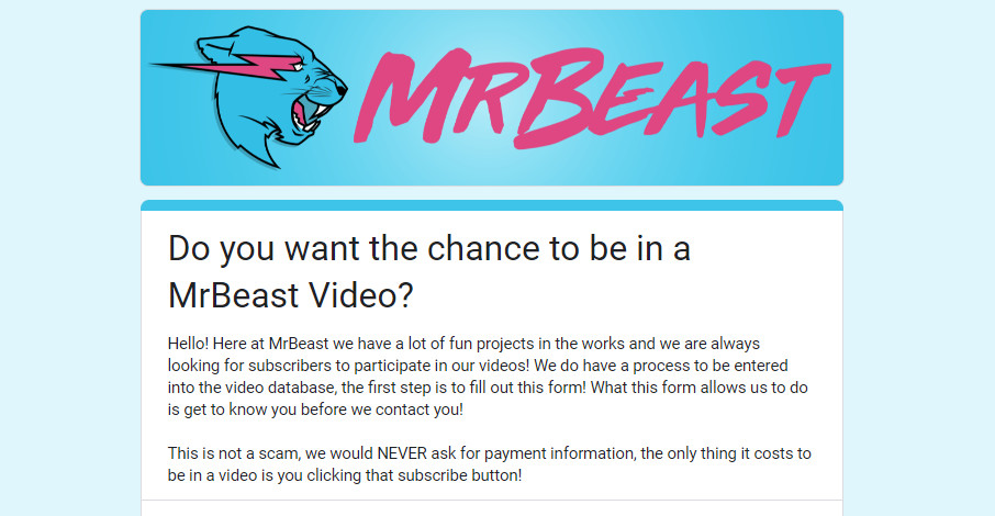 MrBeast Official Form Sample to Show Interest to Participate and Enter in a MrBeast Video