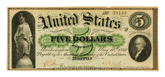 US  Demand Note from 1861 featuring a portrait of Alexander Hamilton and the statue of Freedom.