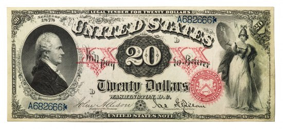 US  Legal Tender Note from 1862 with a profile portrait of Alexander Hamilton on the left side.