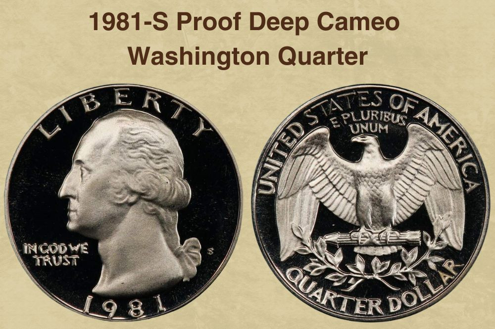 Close up view of a 1981-S Proof Deep Cameo Washington Quarter, showcasing its mirrored fields and frosted devices, highlighting the artistic details and high quality of proof coinage.