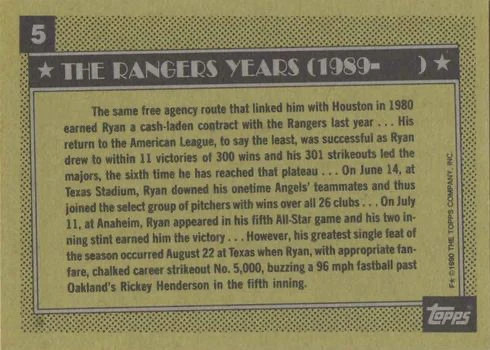 1990 Topps #5 Rangers Years Nolan Ryan Baseball Card Reverse Side