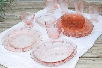 vintage Cherry Blossom Depression Glass on a white cloth
