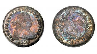 Close-up of a 1796 16 Stars Half Dollar showcasing its design and historical wear