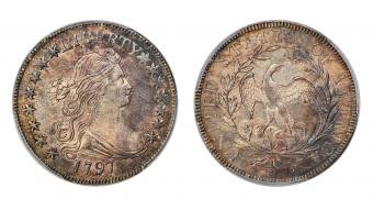 Image of a 1797 Half Dollar coin, showing the wear and detail typical of coins from this era