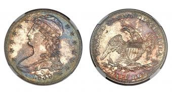 Visual of an 1839 Half Dollar Proof coin, emphasizing its proof quality and sharp details