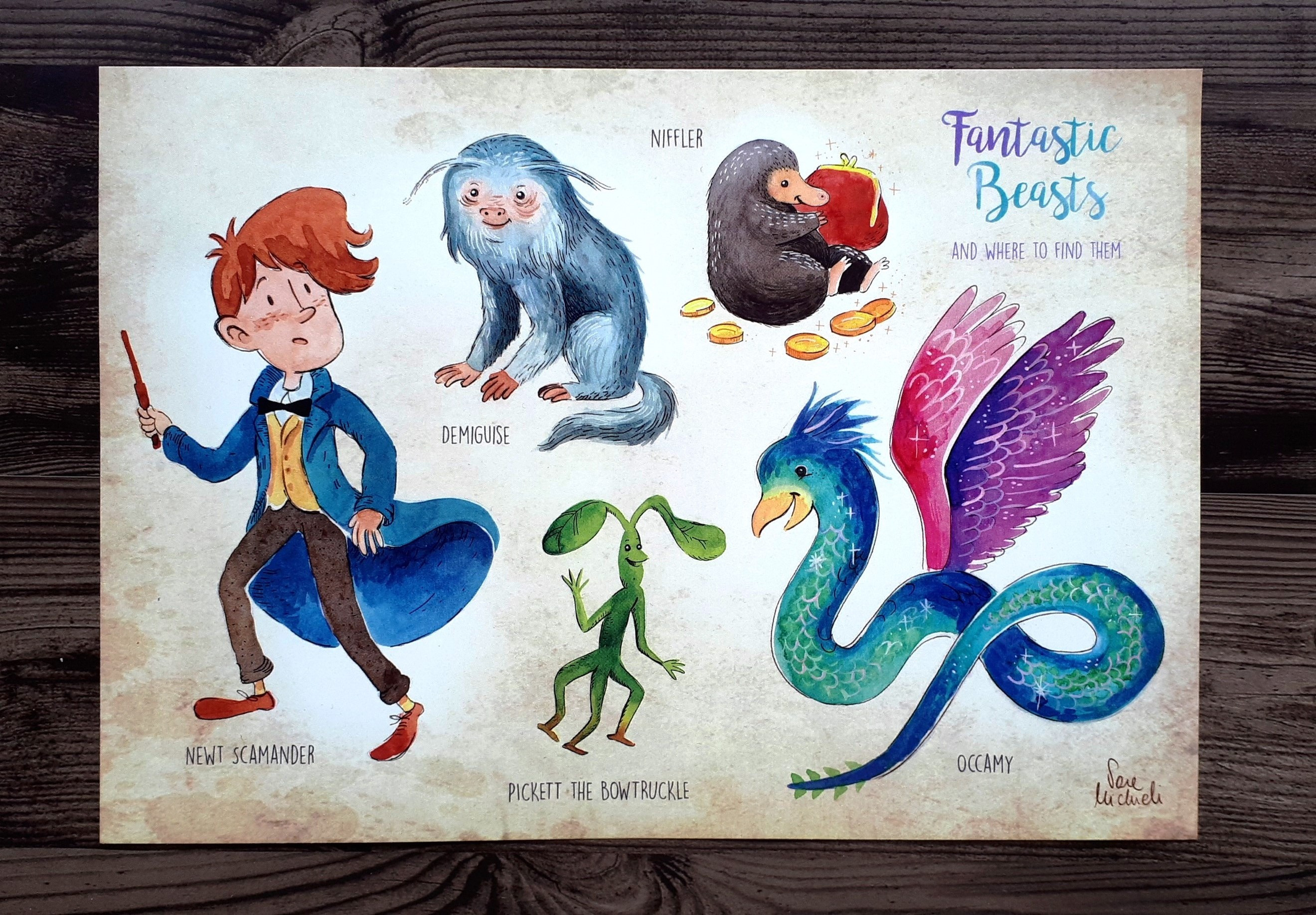 alt text: Fantastic Beasts art print featuring Newt, Pickett, Occamy, Demiguise and Niffler