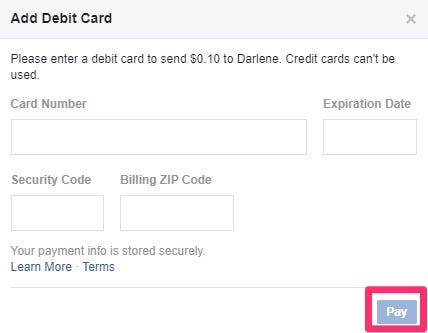 Enter your card or PayPal information to send money via Facebook Messenger on mobile.