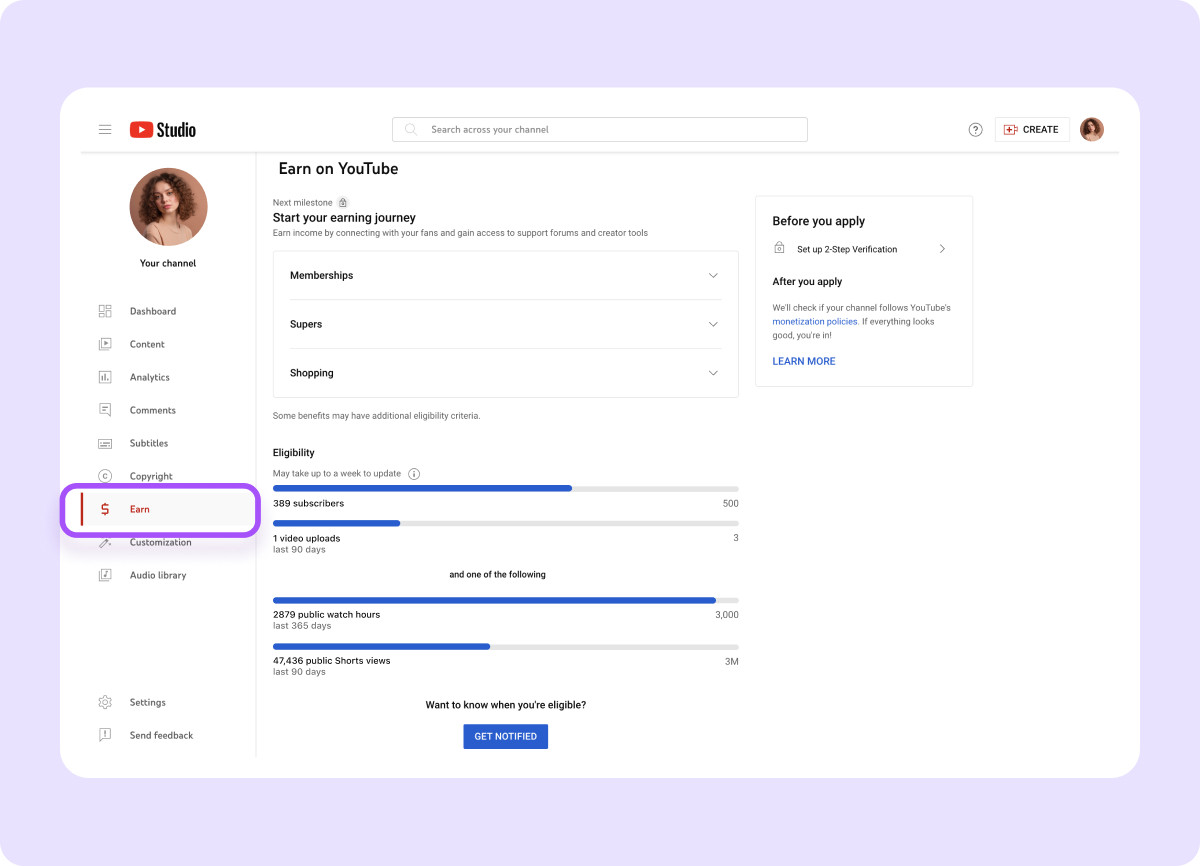 YouTube Channel Monetization Page showing eligibility criteria for YouTube Partner Program