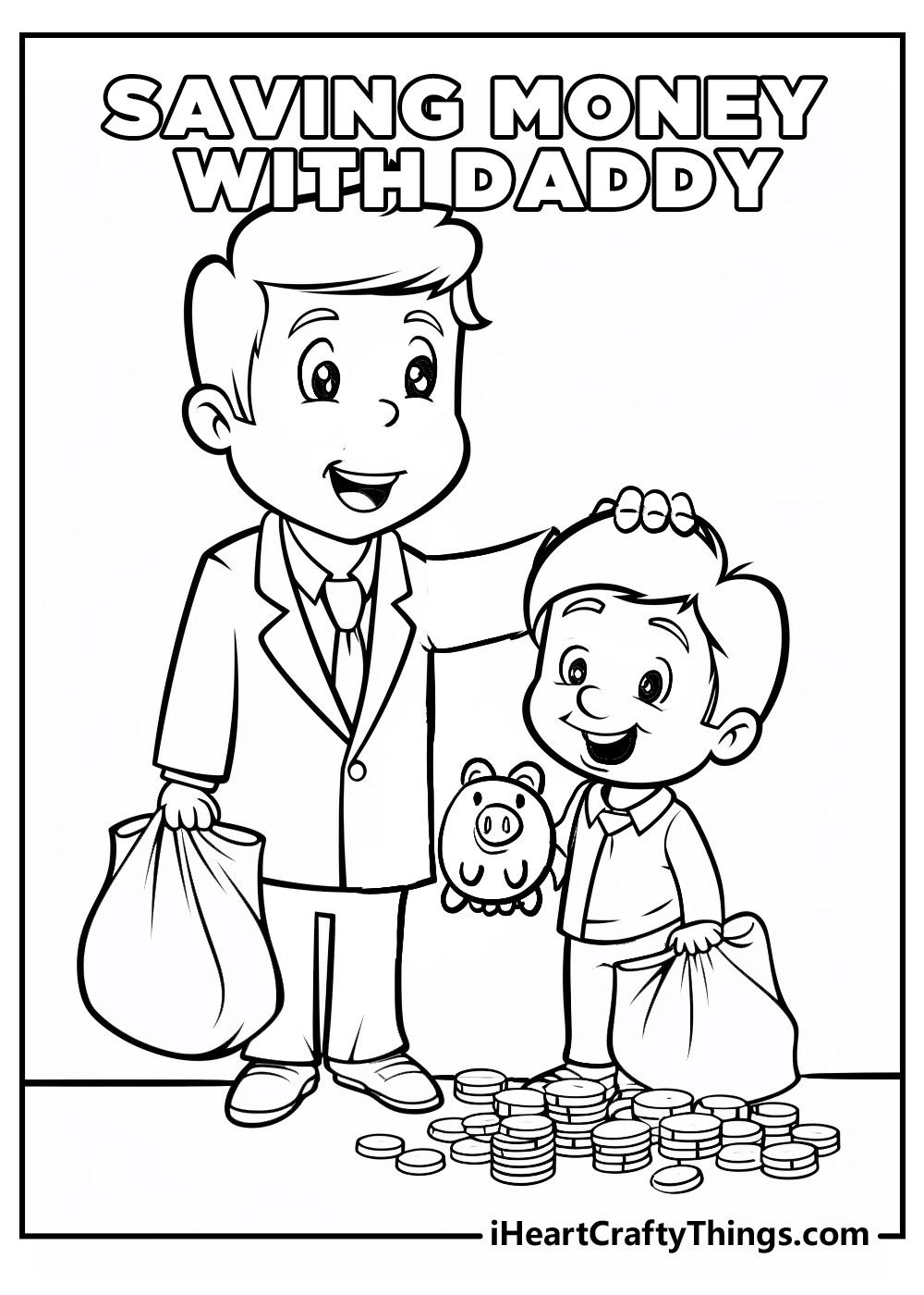 A father and son learning about saving money, emphasizing intergenerational financial education, a heartwarming final coloring page for family bonding and learning.
