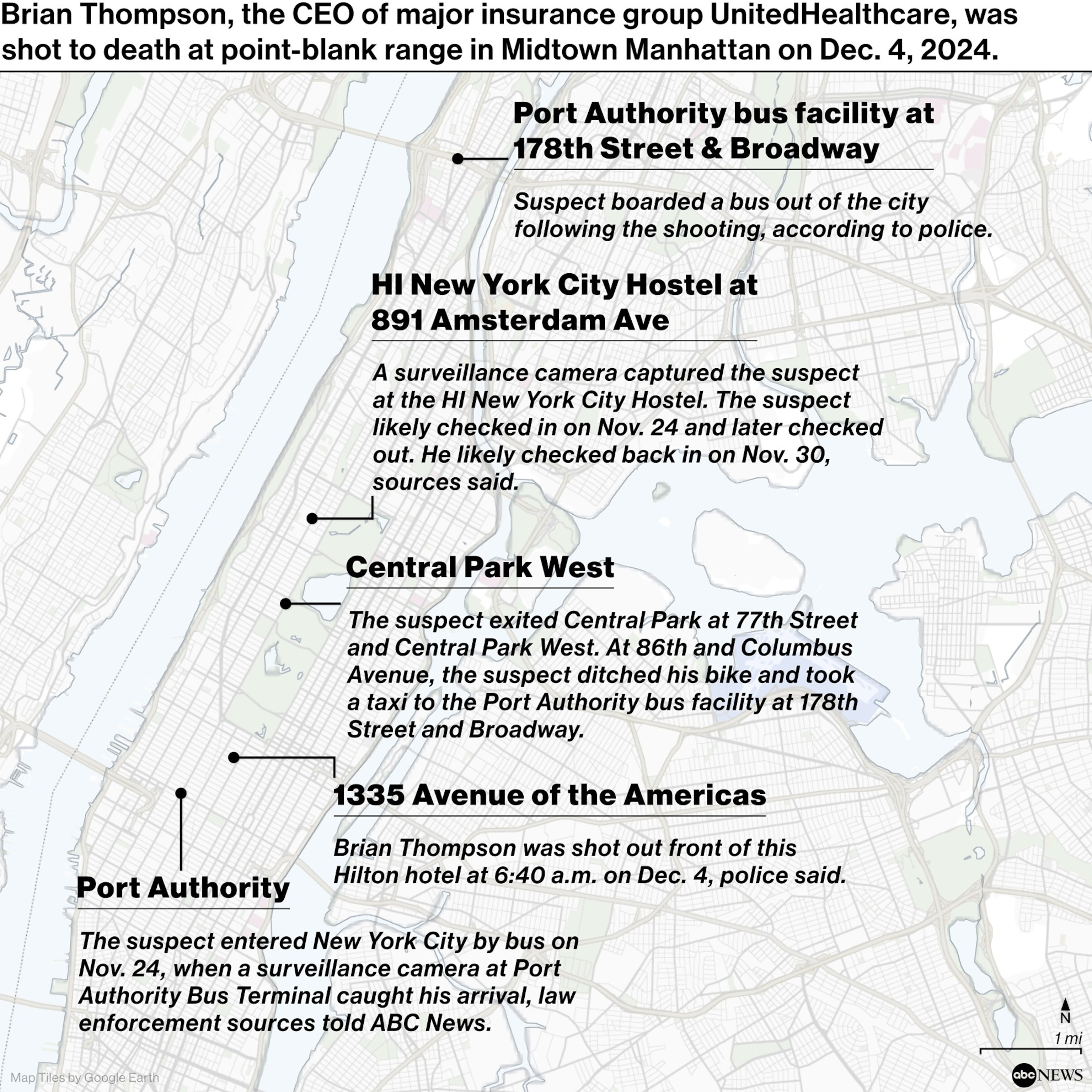 Map outlining the location of the fatal shooting of UnitedHealthcare CEO Brian Thompson in Midtown Manhattan.