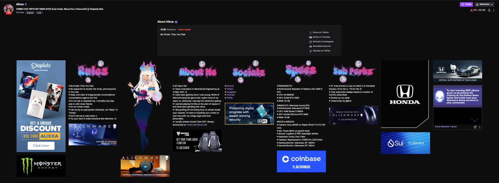 Screenshot of Alixxa's Twitch profile with affiliate links