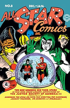 All-Star Comics #8 cover, featuring Wonder Woman standing with other superheroes, a valuable comic due to Wonder Woman's first appearance