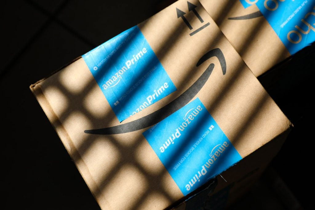 An amazon prime box is photographed.