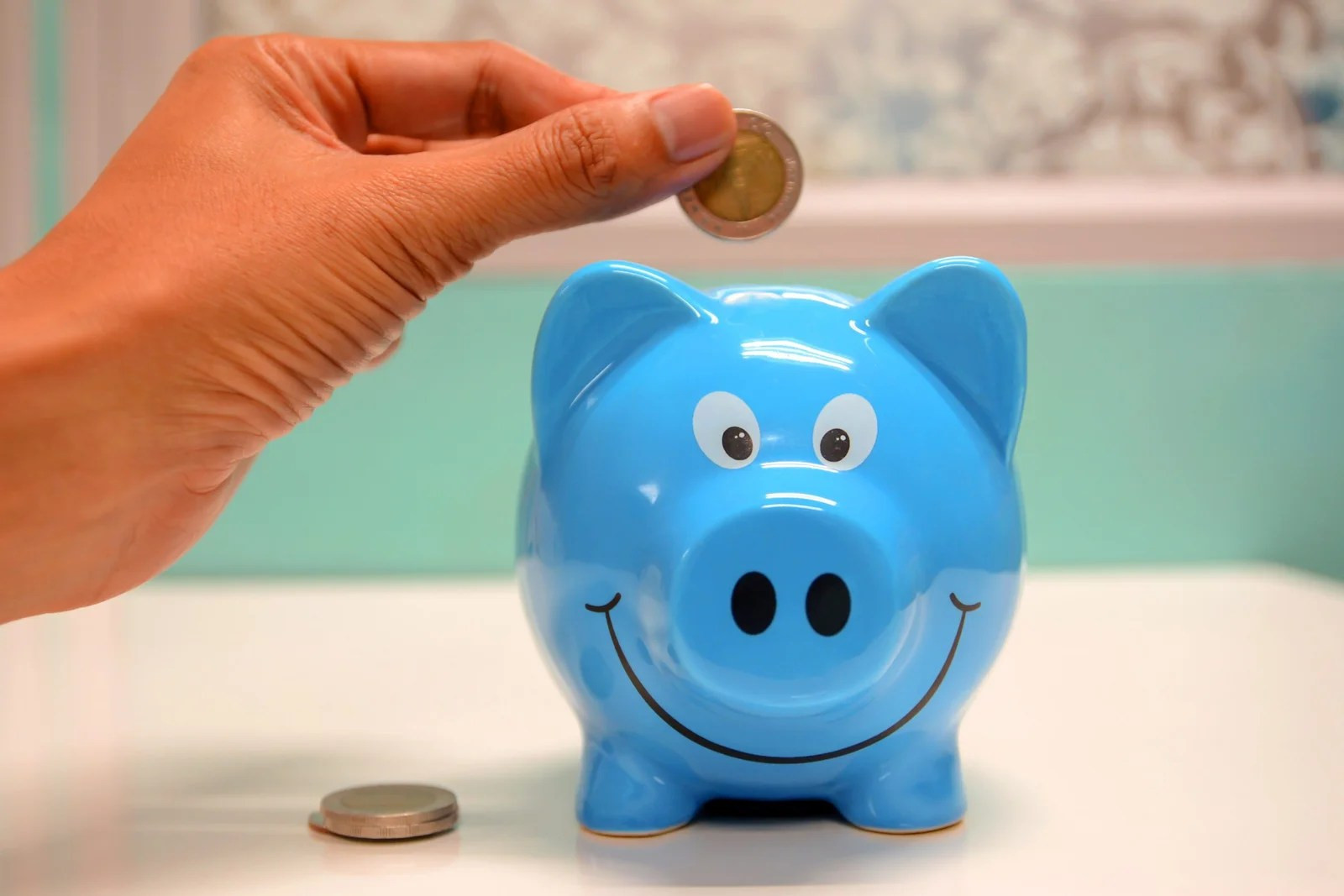 A child's blue piggy bank.