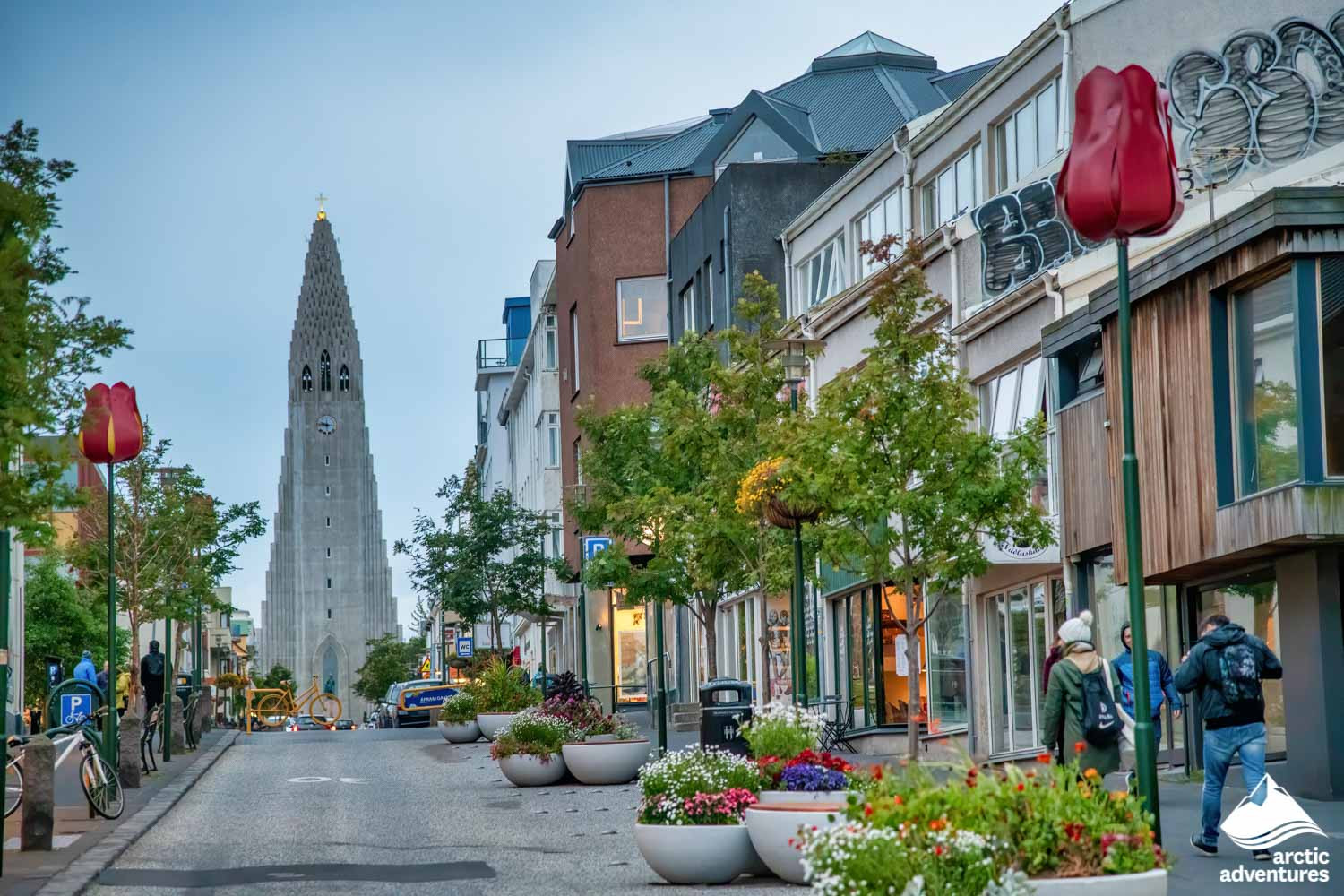 Reykjavik city street view with church