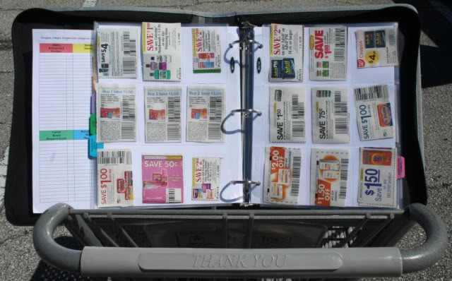 Zippered coupon binder organizer with handle, showcasing organized coupons and dividers.