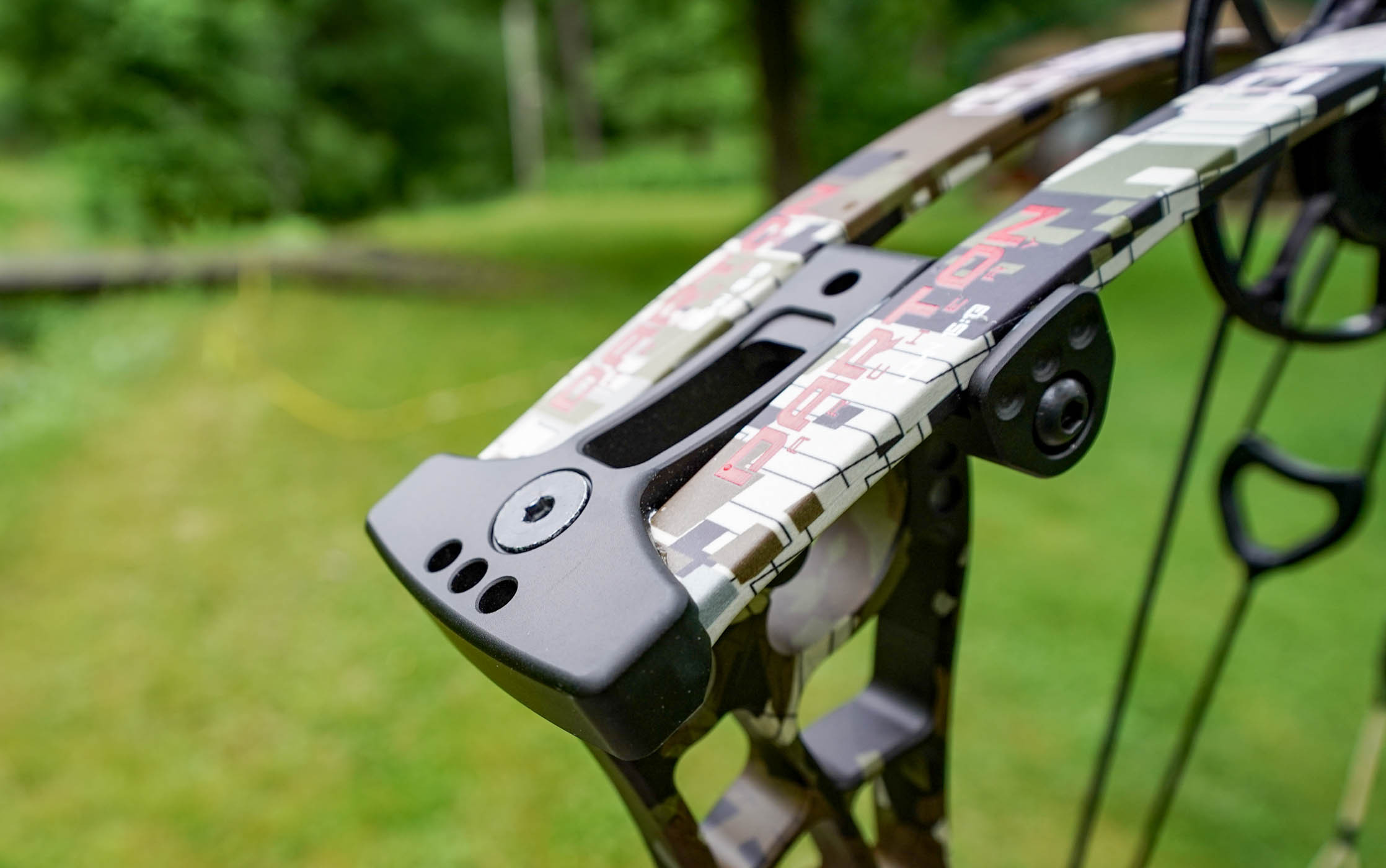 Detailed view of the aluminum limb pockets on the Darton Consequence compound bow