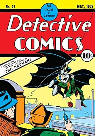 Detective Comics #27 cover, featuring Batman swinging on a rope, a golden age comic book of high value