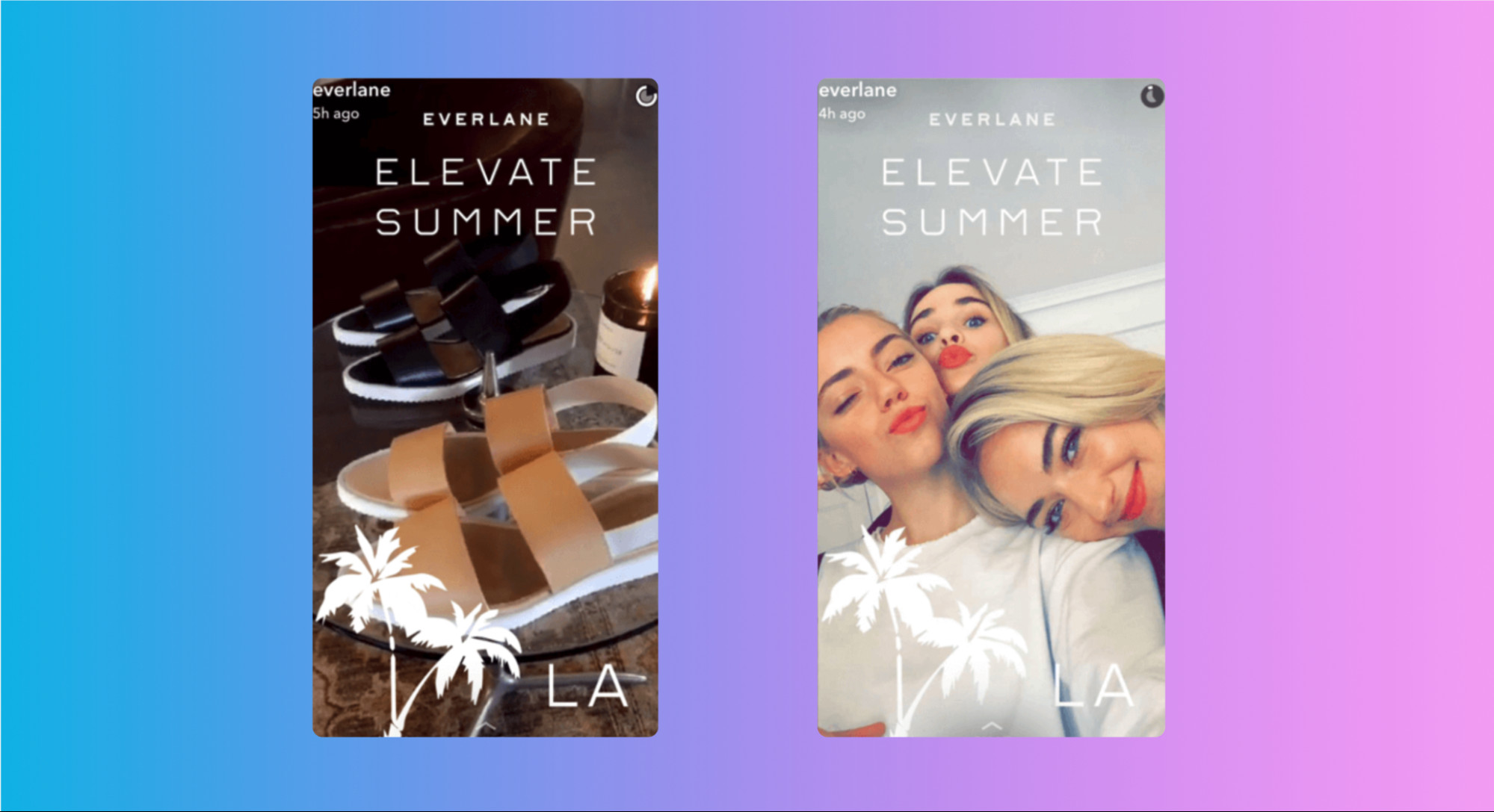 Side-by-side Snapchat posts from Everlane, demonstrating the use of the LA geofilter on images of smiling models, showcasing location-based marketing.