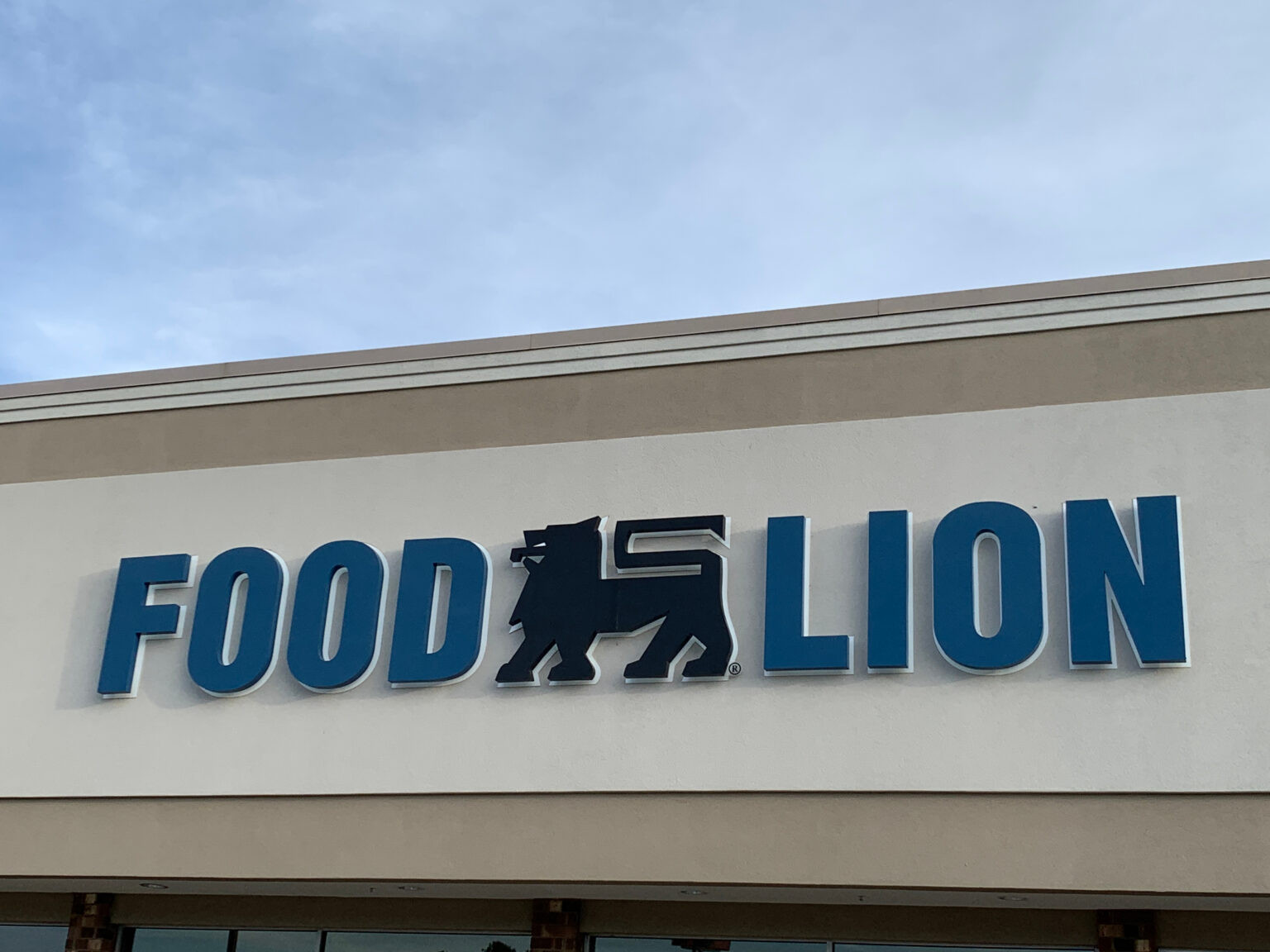 Exterior of a Food Lion grocery store with the Food Lion logo prominently displayed