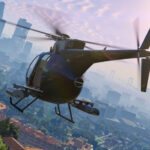 Grand Theft Auto 5 player flying a helicopter with a city skyline in background