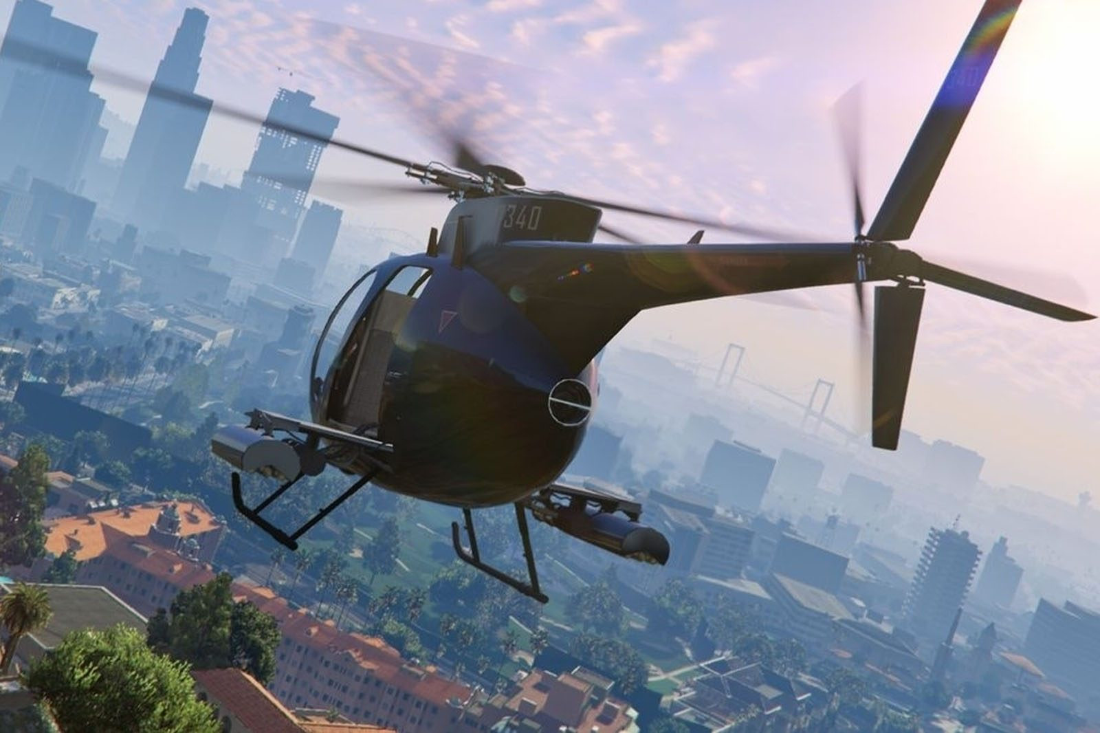 Grand Theft Auto 5 player flying a helicopter with a city skyline in background