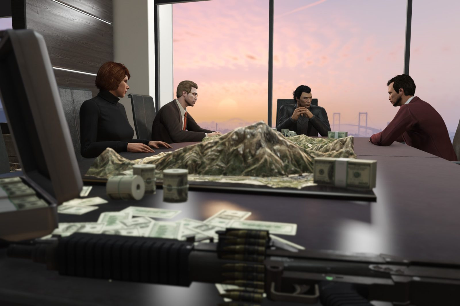 A mountain of cash surrounded by GTA characters, representing GTA 5's massive earnings