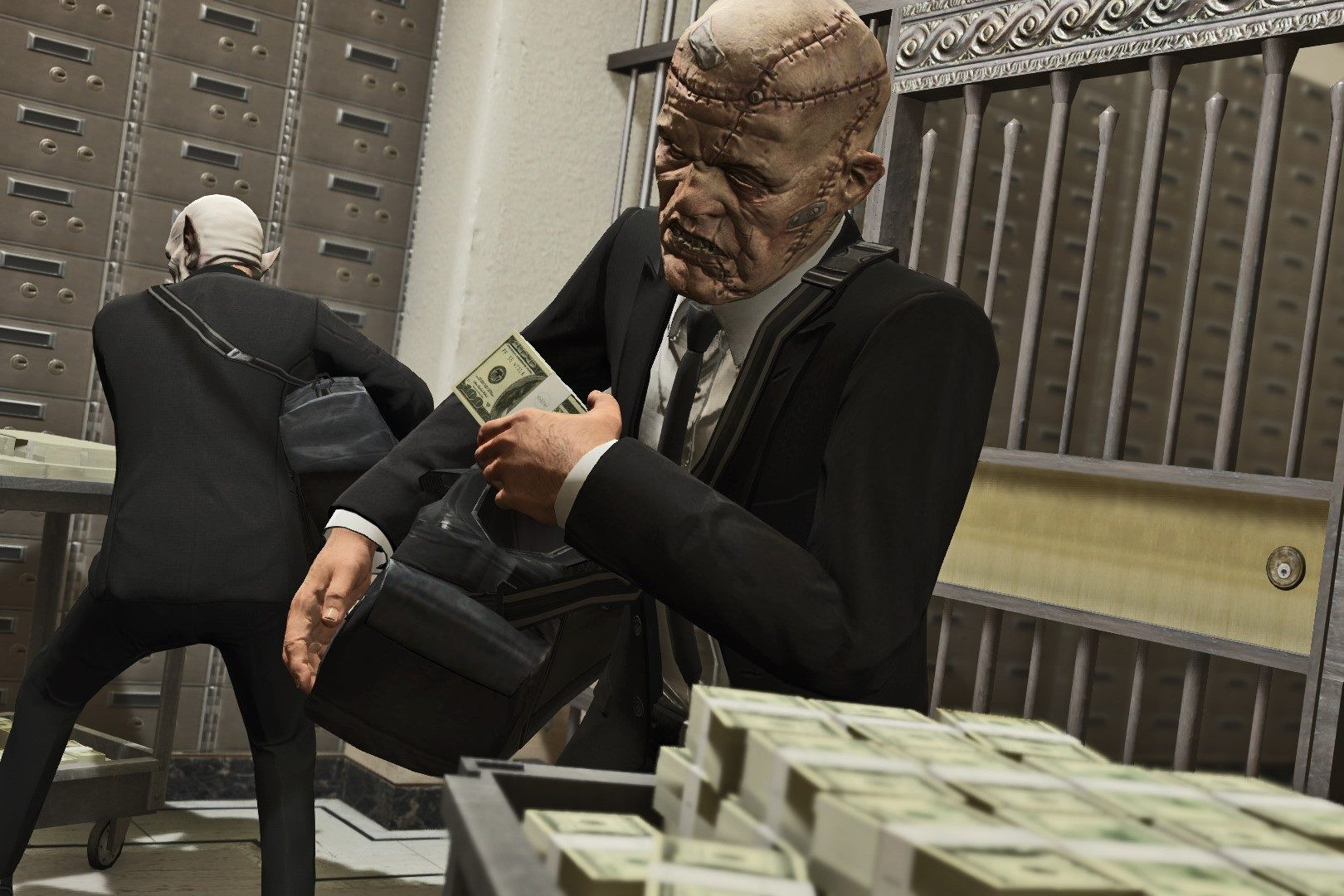 Grand Theft Auto 5 money heist showing masked people in suits putting money into bags