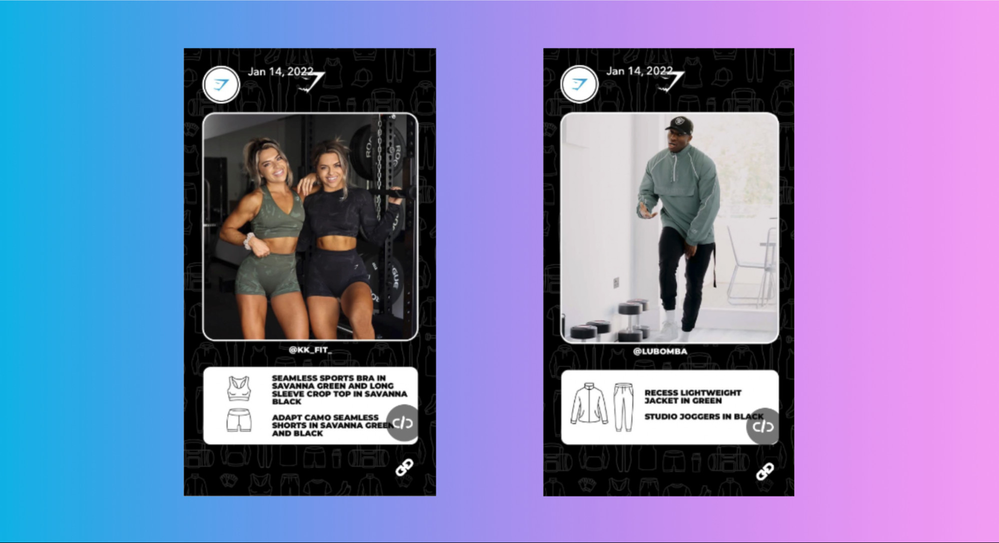 A Snapchat Story example from Gymshark, showcasing product information alongside images of smiling models, enhancing product appeal with visual and descriptive elements.