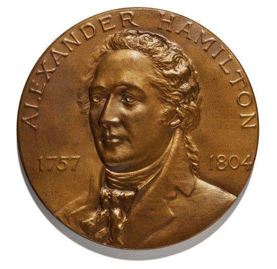 Bronze medal featuring a portrait of Alexander Hamilton, commemorating his role as Secretary of the Treasury.
