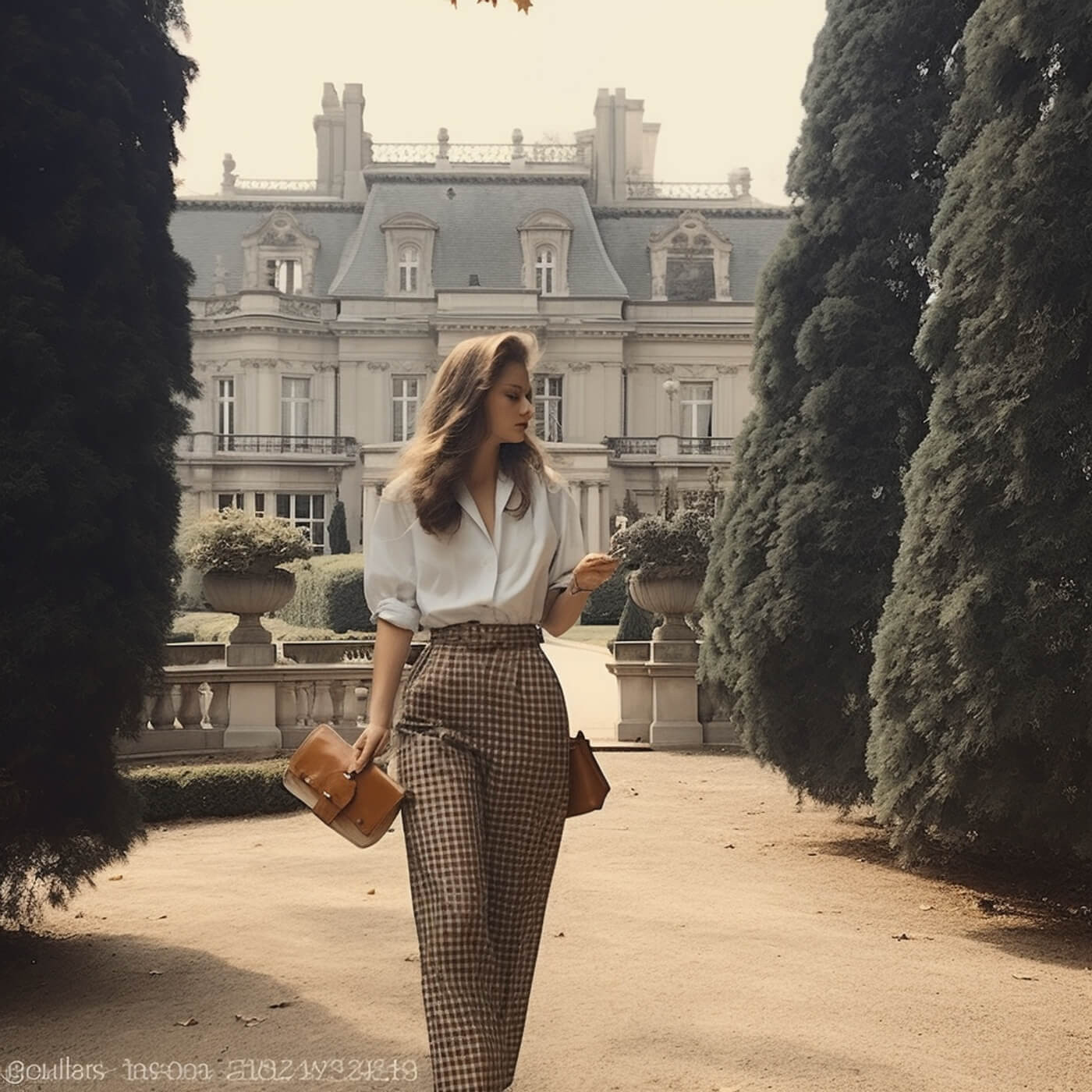 Woman in tailored black dress pants standing in front of a mansion, representing dress pants in old money aesthetic