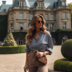 Woman in a sophisticated beige dress standing in front of a grand mansion, embodying old money elegance