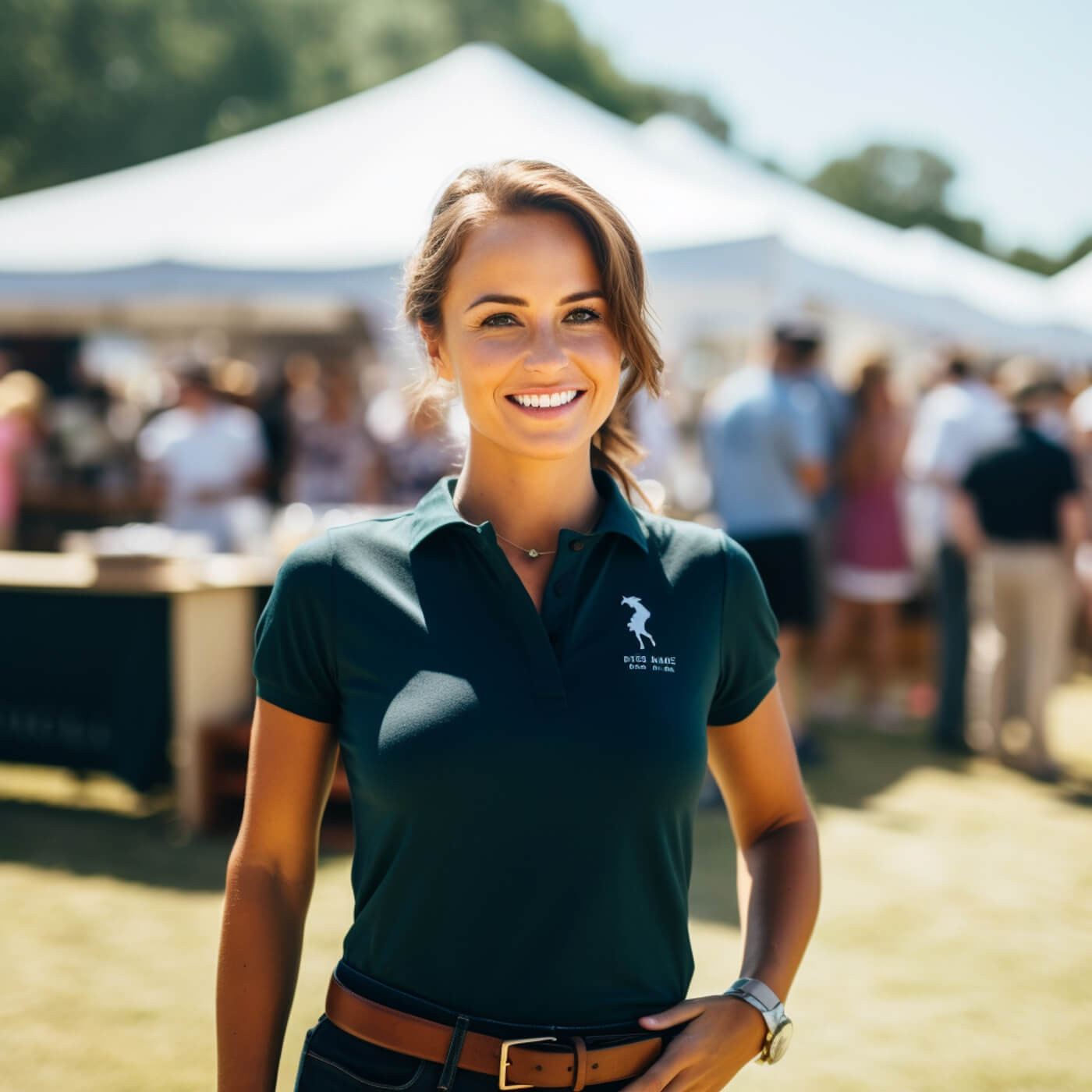 Woman in a white polo shirt at a polo event, showcasing old money polo shirt aesthetic
