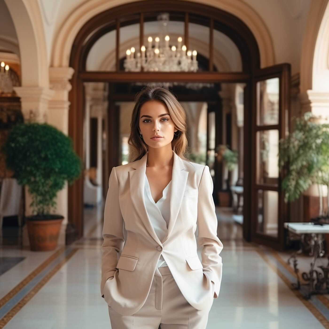 Woman in a navy blazer standing in a classic doorway, exemplifying old money blazer style