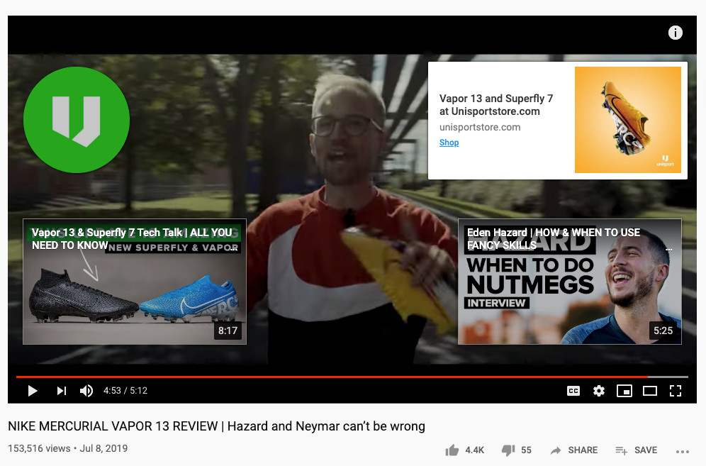 a youtube video with two info cards and an ad for shoes