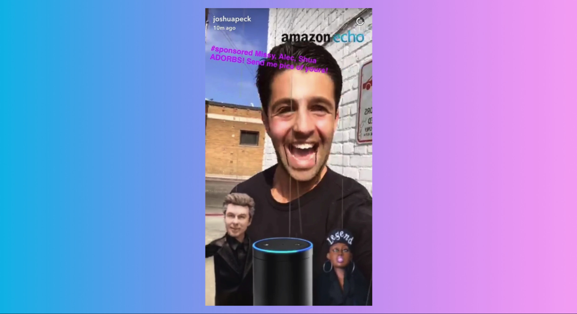 A still image from a Snapchat collaboration between Amazon Echo and Joshua Peck, featuring the Amazon Echo product prominently displayed, demonstrating influencer marketing on Snapchat.