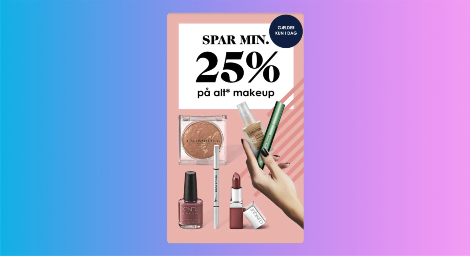 A Snapchat post from Matas showcasing makeup items and a 25% discount offer, creating urgency with a limited-time Black Friday promotion.