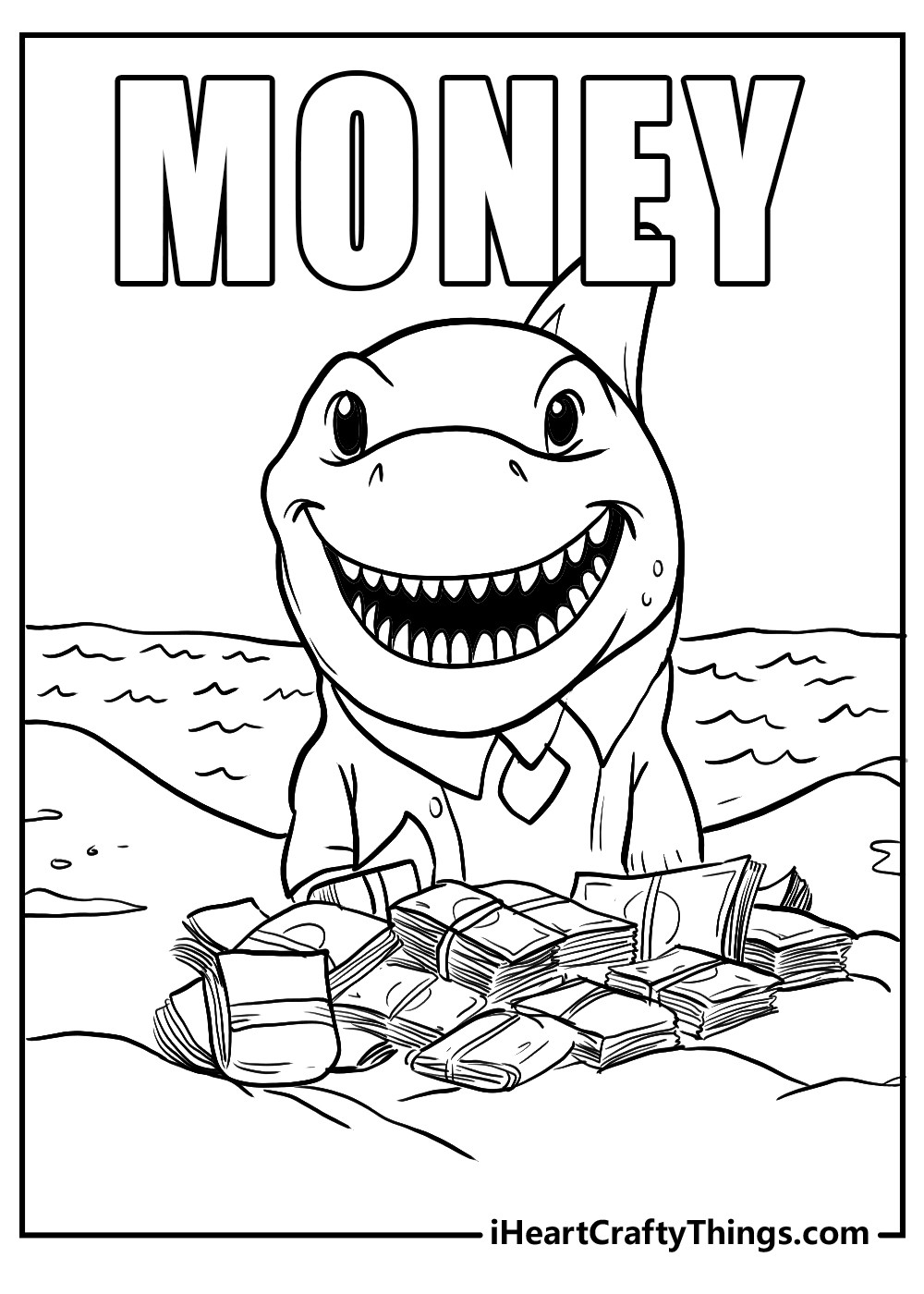 A loan shark character hoarding money, representing predatory lending practices in a cartoonish way, a coloring page for discussing financial ethics and risks.