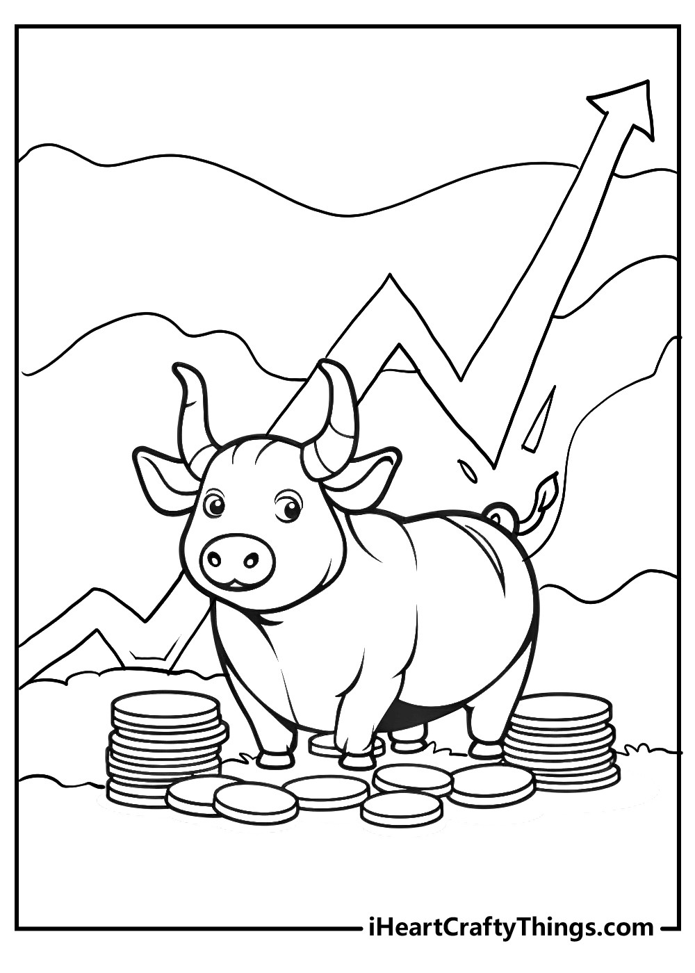 A bull with an arrow, symbolizing a &quot;bull market&quot; in finance, an intriguing coloring page for older children learning about stock market concepts.