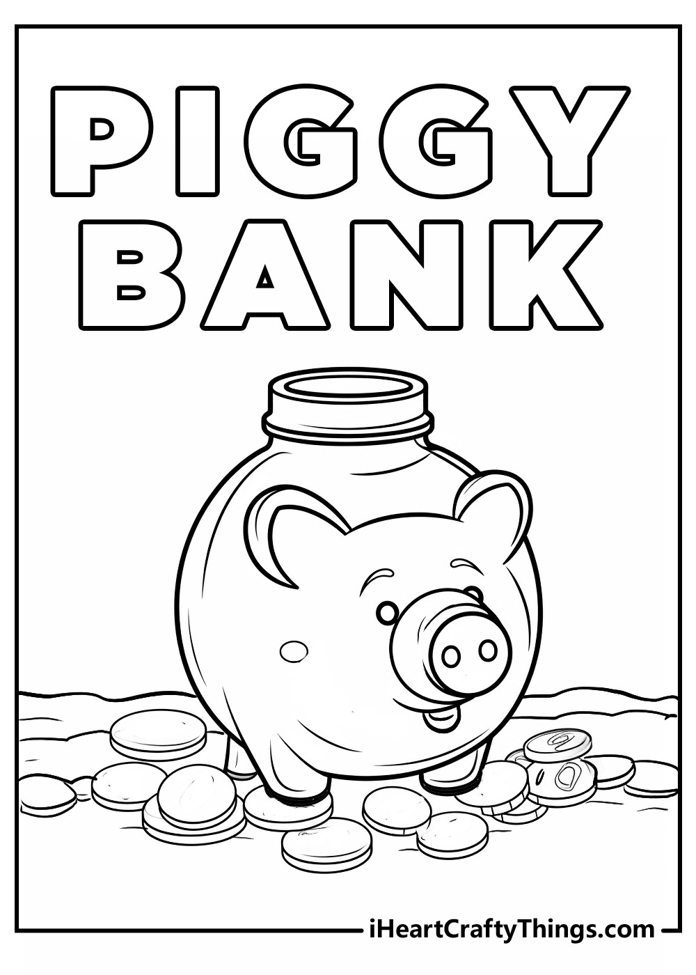A cute piggy bank, a classic symbol of saving money, ready to be colored in and personalized, appealing to children learning about finances.