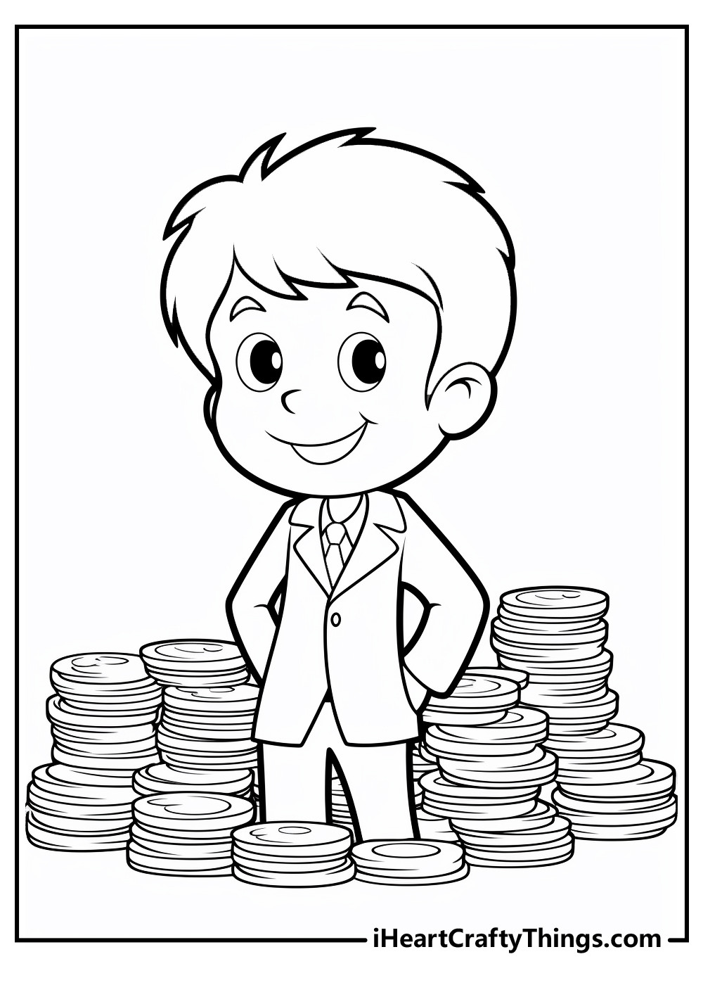 A fancy child surrounded by giant coins, illustrating the idiom &quot;looking like a million bucks&quot; and encouraging creative coloring for wealth and extravagance.