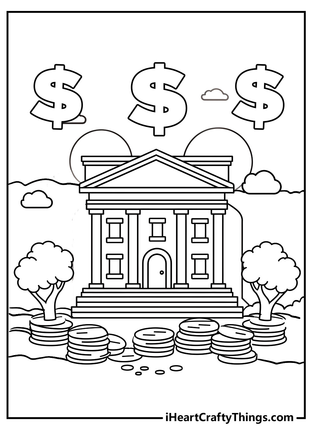 A bank building surrounded by dollar signs and coin piles, offering a detailed coloring scene for exploring financial themes and color combinations.