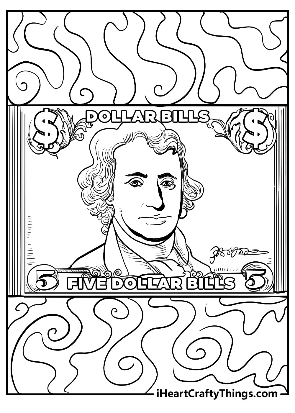An artistic representation of a dollar bill, featuring intricate details and patterns, a complex coloring page for detailed work and creative color schemes.