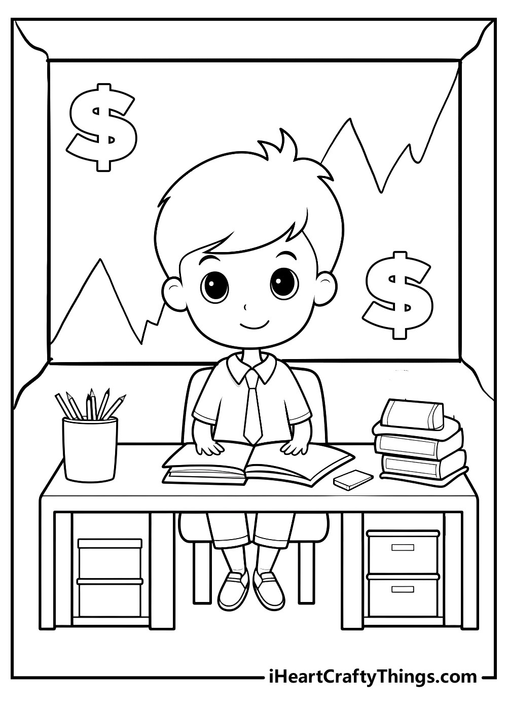 A child studying finances, emphasizing the importance of financial education and learning, a detailed coloring page for older kids interested in economics.