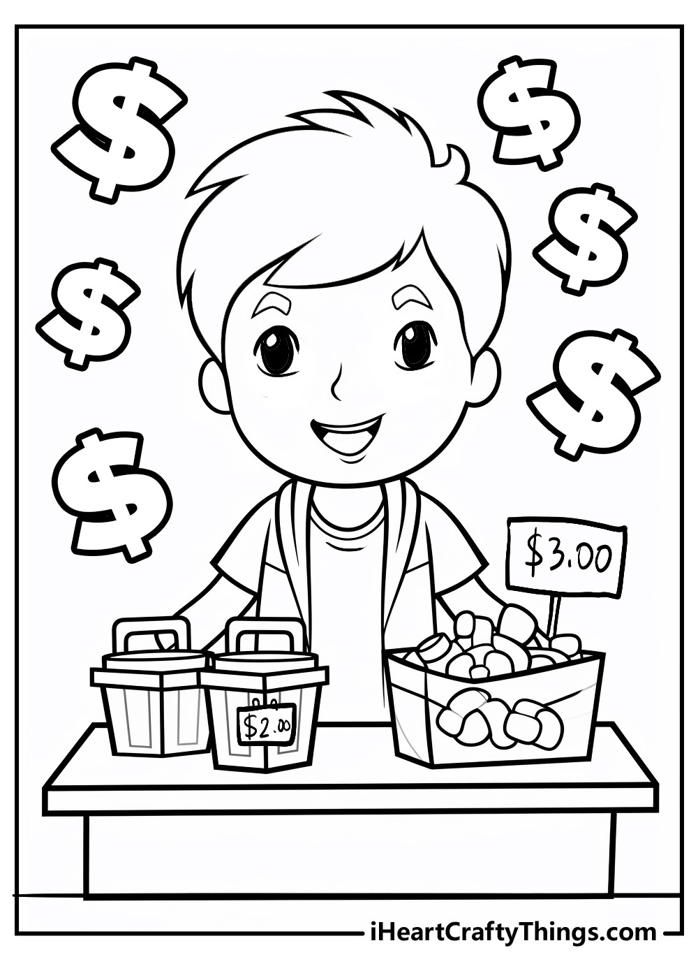 A child running a stand and selling goods, illustrating entrepreneurship and earning money, a relatable coloring page encouraging business concepts for kids.