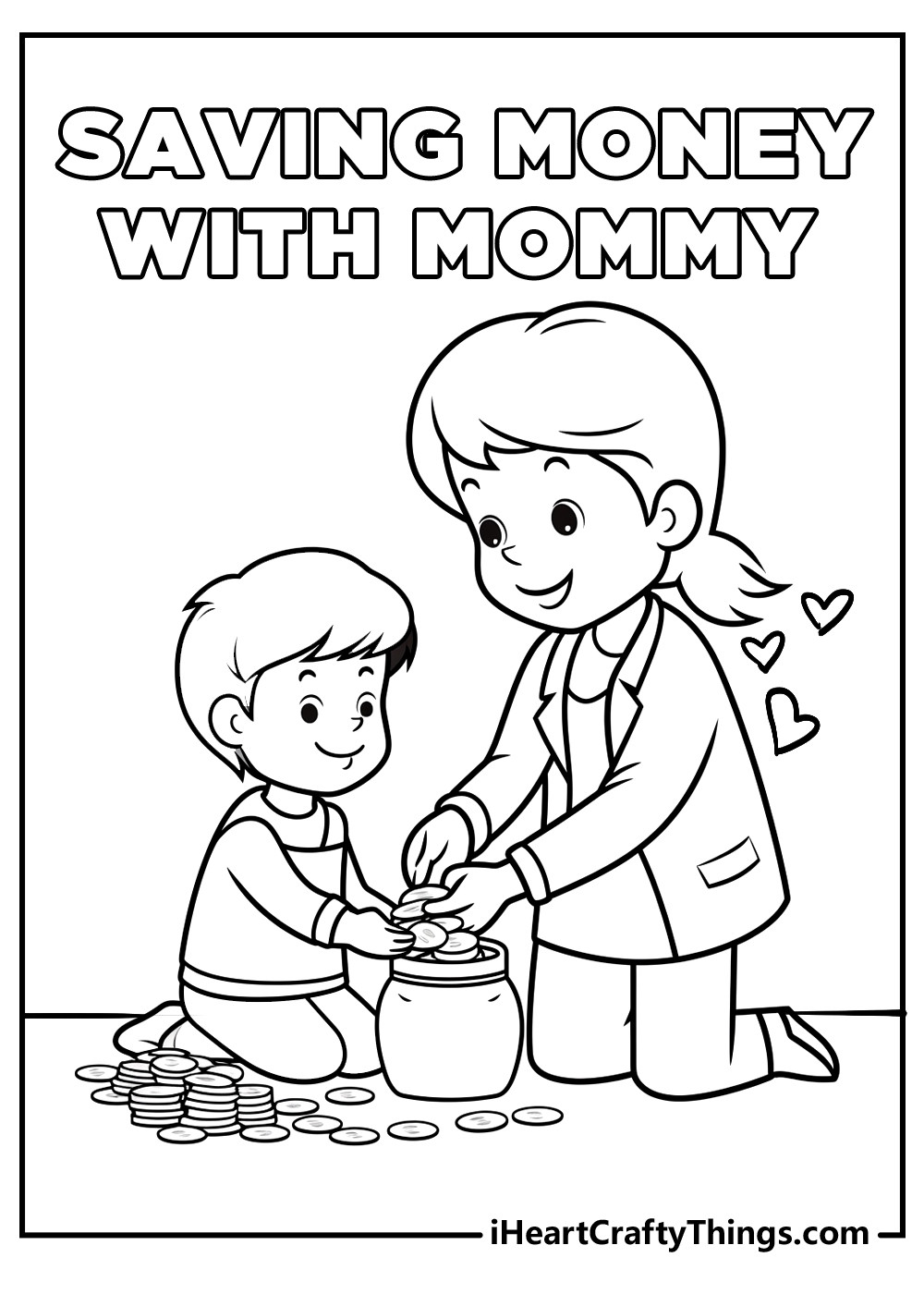 A mother and child saving money together, highlighting the importance of financial literacy and family values, a heartwarming coloring page for kids.