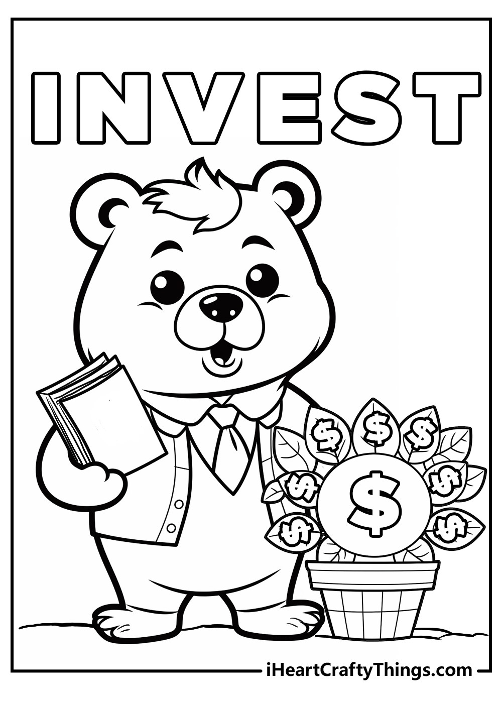 A bear advising to invest, symbolizing a &quot;bear market&quot; in finance, a cute and educational coloring page for understanding market fluctuations.