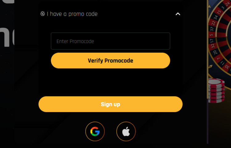 Screenshot of The Money Factory Casino signup page, specifically highlighting the optional promo code field and indicating no code is needed for the welcome bonus.