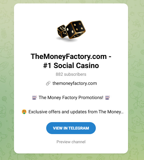 Screenshot of The Money Factory Casino Telegram channel, showcasing social media promotions and community engagement.