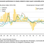 A bar graph of Brazil’s GDP growth annually from 2005-19 with line graphs of commodity prices for oilseeds, grains, and sugar.
